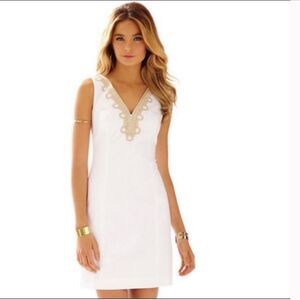 Lilly Pulitzer Bentley Shift Dress Size 2 White Gold Mini‎ Dress Resort Travel